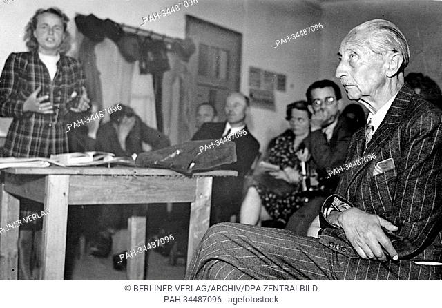 August Wilhelm von Prussia, fourth son of Kaiser Wilhelm II and SA Obergruppenfuehrer in the Nazi regime, sits while Lawyer Emmy Diemer makes a plea during his...