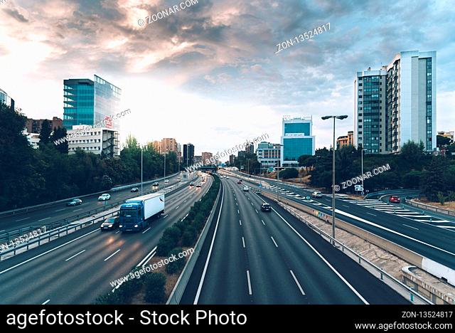 Madrid, Spain - September 8, 2018 M30 motorway at sunset