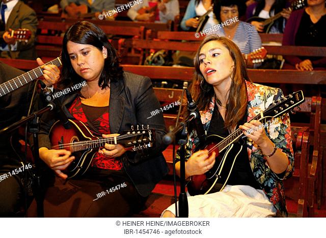 Women making music, worship service, Catedral Evangelica de Chile, Pentecostal Church, Santiago de Chile, Chile, South America