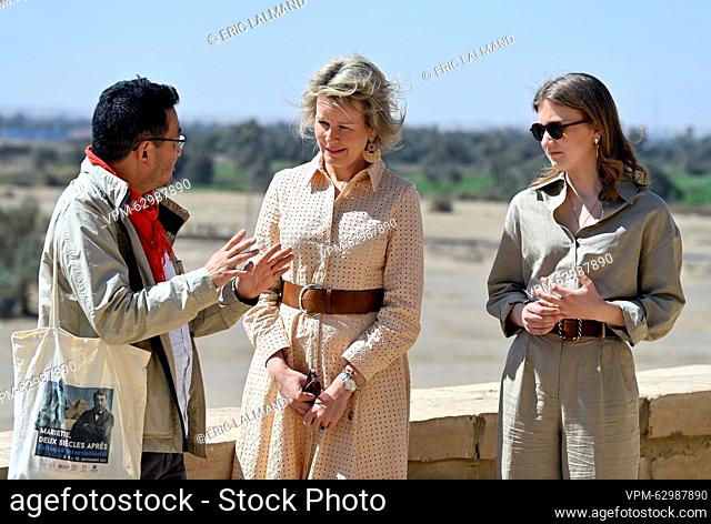 KMKG-MRAH's Wouter Claes, Queen Mathilde of Belgium and Crown Princess Elisabeth pictured during a visit to the archeological site of El Kab