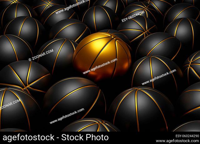 Many black basketballs with one golden basketball stands out, be unique, awsomeness, leadership, 3d rendering