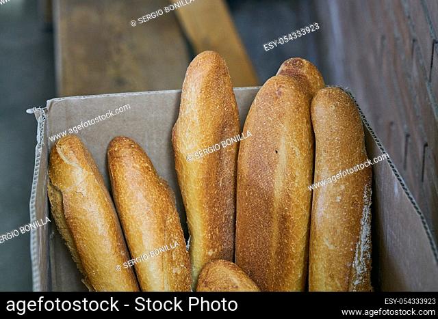 Bread bars in the carton transport box before serving at the table