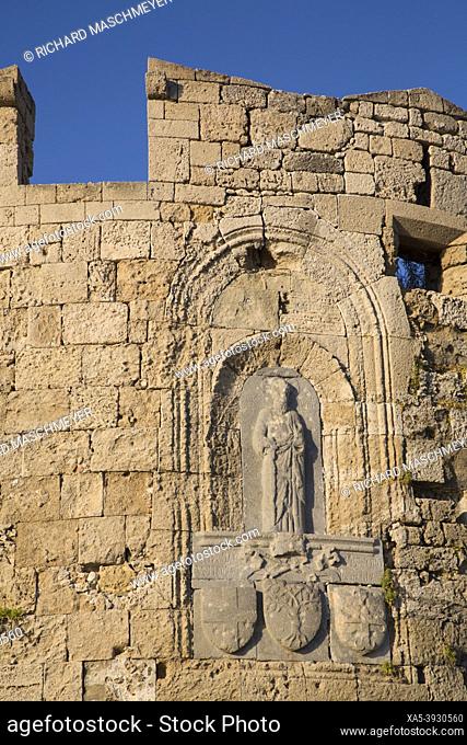 Stone Relief with Coat of Arms, Wall Tower, Rhodes Old Town, Rhodes, Dodecanese Island Group, Greece