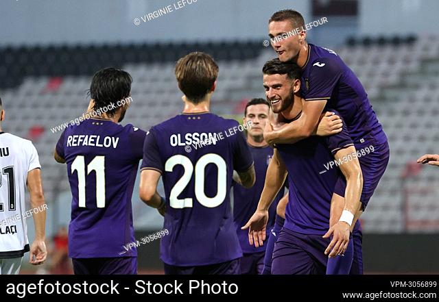 Anderlecht's Wesley Hoedt celebrates after scoring during a game between Albanian club KF Laci and Belgian soccer team RSC Anderlecht