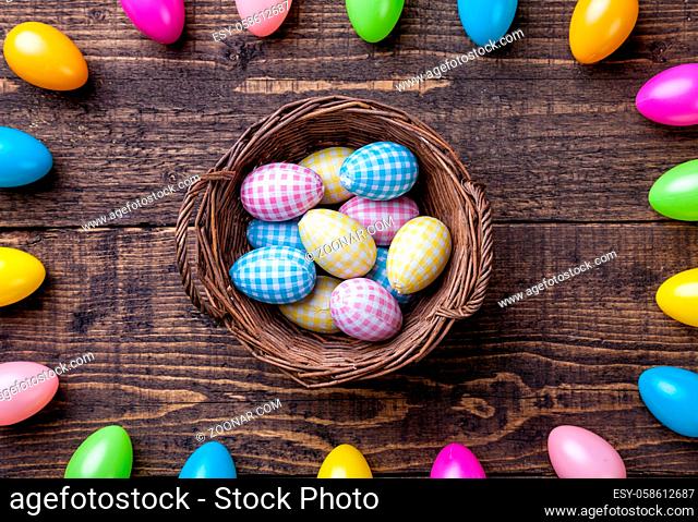 Traditional Easter eggs on a wooden background