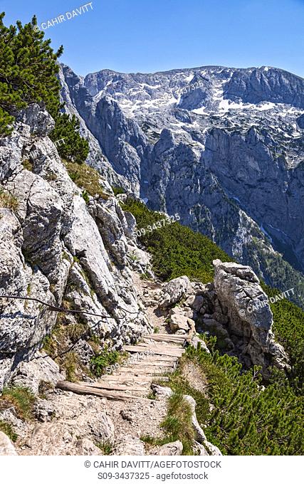 A rough mountain path leads towards Obersalzberg and the Austrian Border from the Gipfel Kehlstein viewpoint at the Eagle's Nest - Das Kehlsteinhaus, Mitterbach