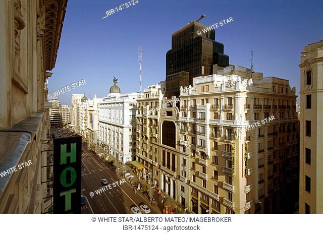 Panorama of the Gran Via seen from the Tryp Gran Via Hotel, Madrid, Spain, Europe
