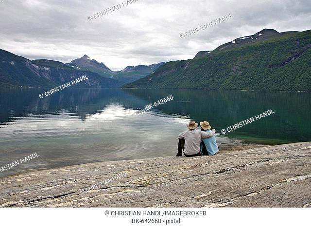 People enjoying the landscape at Lang Fjord, Boggestranda, Møre og Romsdalen, Norway, Scandinavia, Europe