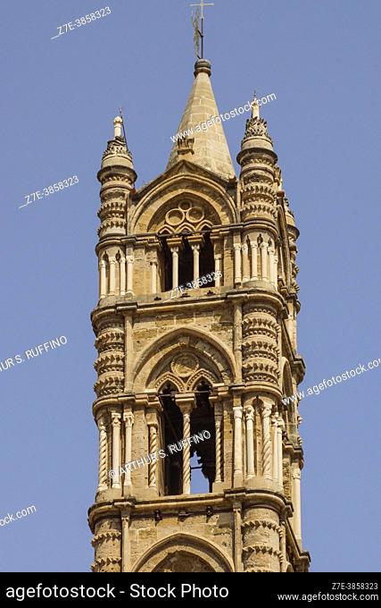 Detail of one of the bell towers on the west end of the Palermo Cathedral. Palermo, Sicily, Italy, Europe