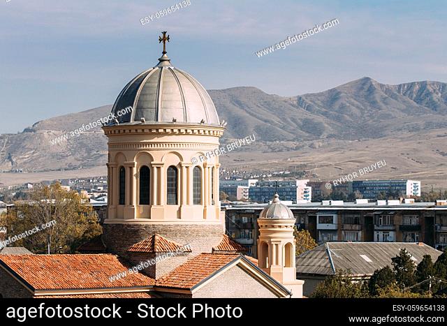 Gori, Shida Kartli Region, Georgia, Eurasia. Close Up Dome Of Cathedral Of The Blessed Virgin Mary In Sunny Autumn Day
