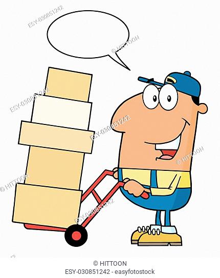 Delivery Man Cartoon Character Using A Dolly To Move Boxes With Speech  Bubble, Stock Vector, Vector And Low Budget Royalty Free Image. Pic.  ESY-030851237 | agefotostock