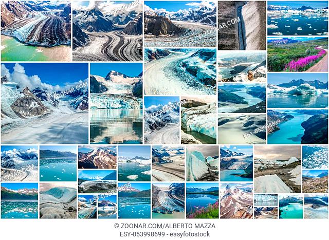 Glaciers picture collage of different famous National Parks of Alaska including Denali, Wrangell St. Elias, Kenai Fjords, Matanuska Glacier and Glacier Bay