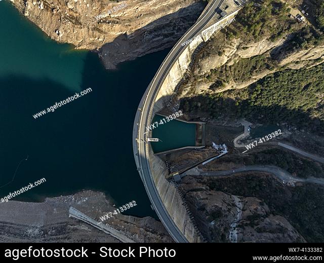 Aerial view of the dam of the Llosa de Cavall reservoir (Solsonès, Lleida, Catalonia, Spain)
