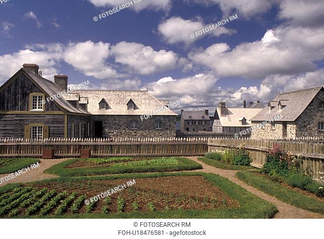 fort, Cape Breton, Nova Scotia, NS, Canada, Atlantic Ocean, Village and gardens at the Fortress of Louisbourg National Historic Site on Cape Breton Island in...