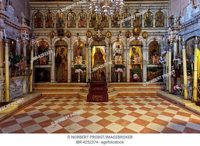 Greek Orthodox altar in the monastery church, monastery of Panagia Theotokos tis Paleokastritsas or Panagia Theotokos, Paleokastritsa, Corfu, Ionian Islands