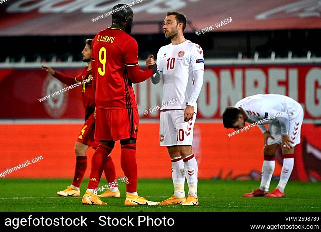 Belgium's Romelu Lukaku and Danish Christian Eriksen pictured after a soccer game between the Belgian national team Red Devils and Denmark