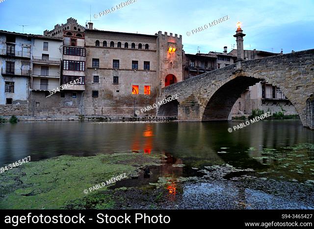 Facades and bridge over Matarraña river in Valderrobres, Teruel, Aragon, Spain