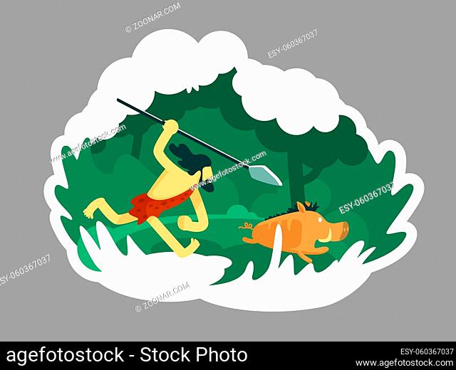 Hunter 2D vector web banner, poster. Ancient man with beard chase wild animal. Caveman flat character on cartoon background