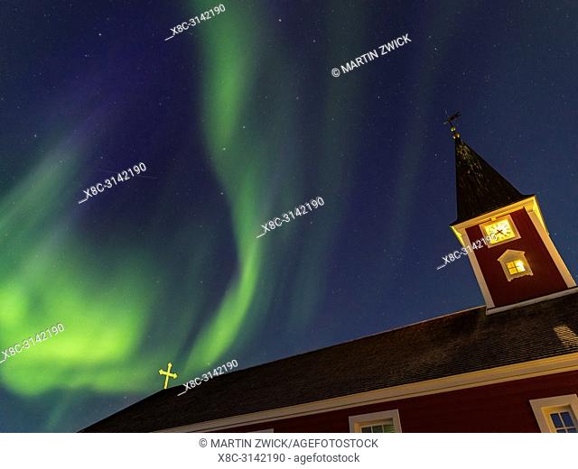 Northern lights over the Church of our saviour, the cathedral of Nuuk. The old town of Nuuk, the capital of Greenland. America, North America, Greenland