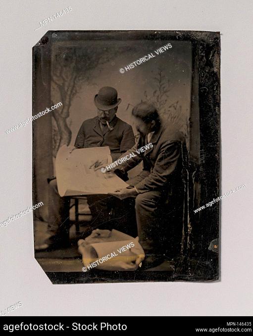 [Two Men Reviewing Plans]. Artist: Unknown (American); Date: 1860s-70s; Medium: Tintype; Dimensions: Image: 8.9 x 6.5 cm (3 1/2 x 2 9/16 in