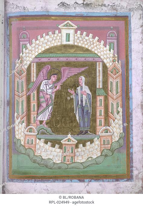 The Annunciation, Whole folio A stylised depiction of the Archangel Gabriel announcing the birth of Christ to the Virgin Mary