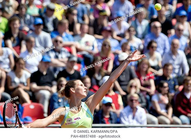 Czechia's Karolina Pliskova in action against Canada's Bouchard during the final match at the WTA tour in Nuremberg, Germany, 24 May 2014