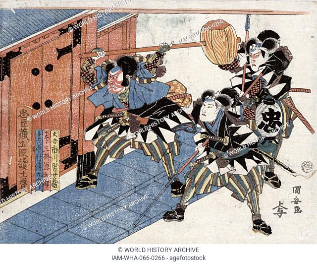 Act eleven [of the Chushingura]. Print shows three Ronin samurai attacking the entrance to Morono's (Kira Yoshinaka) home