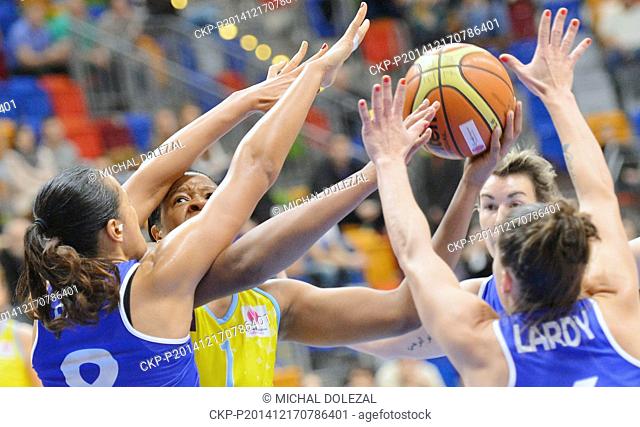 From left Mistie Bass of Montpellier, Kia Vaughn of USK, Elodie Godi and Anael Lardy of Montpellier fight for ball women's Basketball European League 7th round...