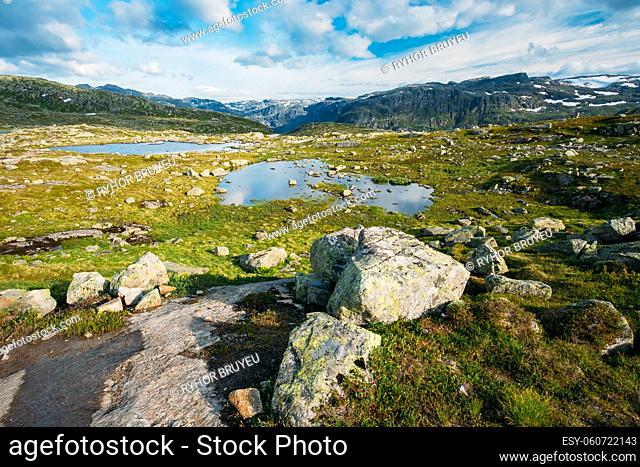 Beautiful Norwegian Mountains and Blue Deep Lake. Nature of Norway. Travel and Hiking. Amazing Scenic View. Nobody. Scandinavia