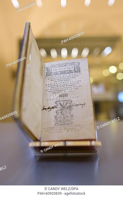The first edition of the comedy 'Divina Commedia' from 1555 by Dante Alighieri (1265-1321) is seen at the exhibition 'Dante, ein offenes Buch' (lit