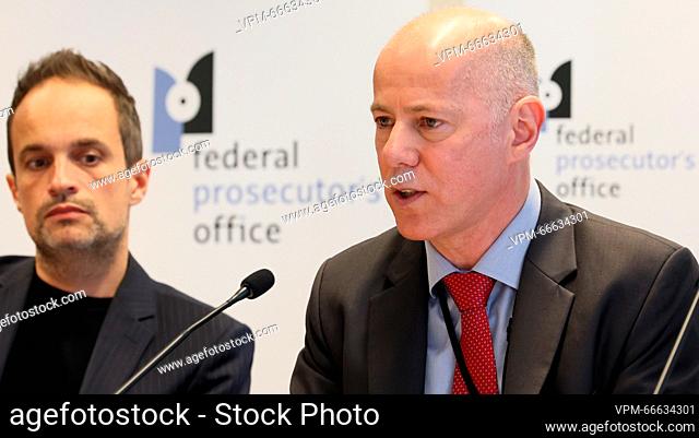Federal prosecuto's office communication director Eric Van Duyse pictured at a press conference, in Brussels, regarding a large-scale European operation which...