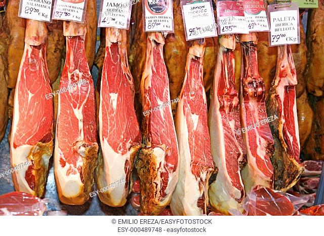 Ham for sale  La Boqueria Market  Barcelona  Catalonia  Spain