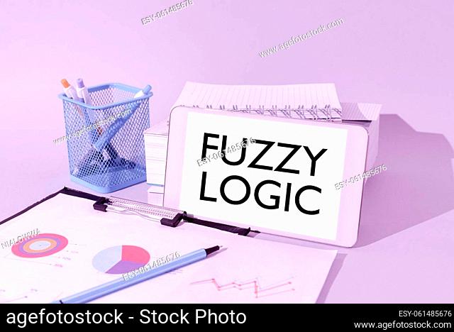 Hand writing sign Fuzzy Logic, Business overview checks for extent of dirt and grease amount of soap and water Important Idea Shown On Phone On Desk With Cup...