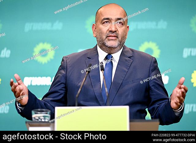 22 August 2022, Berlin: Omid Nouripour, Federal Chairman of Bündnis 90/Die Grünen talks about current issues after his party's committee meetings
