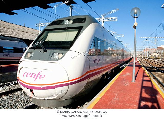 Platform and train, Campo Grande Railway Station. Valladolid, Castilla León, Spain