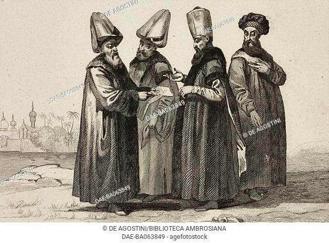 1 Grand Vizier, 2 Kaim-Mekam, 3 Reis-Efendi, 4 Khadjedhian, member of the Divan, Turkey, engraving by Lemaitre, Lalaisse and Lesueur