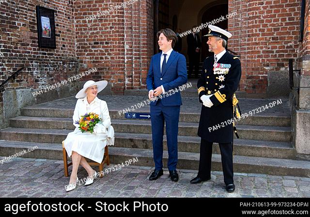 13 June 2021, Denmark, Haderslev: Margrethe II, Queen of Denmark, Prince Christian of Denmark and Crown Prince Frederik wait at St