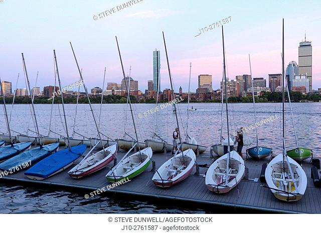 Sunset Boston skyline from MIT sailing pavilion, Boston, Massachusetts, USA