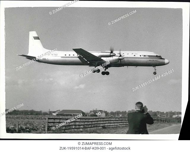 Oct. 14, 1959 - 14-10-59 Latest Soviet Airliner arrives at London Airport ?¢‚Ç¨‚Äú The new ILAT 18 Turbo-Prop, Russian Airliner arrived at London Airport this...