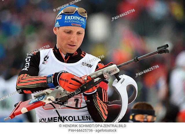 Erik Lesser of Germany at the shooting range before the Men's 4x7.5 km relay competition at the Biathlon World Championships, in the Holmenkollen Ski Arena