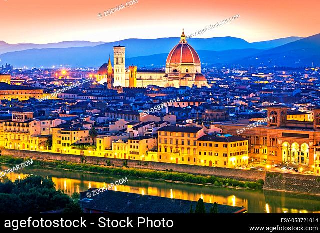 Colorful Florence rooftops and Duomo view at sunset, Tuscany region of ITaly