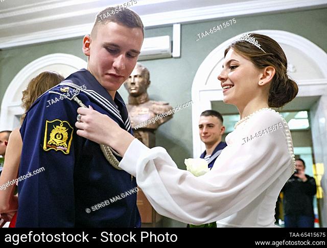 RUSSIA, SEVASTOPOL - DECEMBER 2, 2023: People attend a ball held by the Yunarmiya [Young Army] Military Patriotic Movement at the Catherine Hall of the Black...