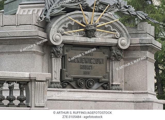 Plaque on base of Adam Mickiewicz Monument (Polish poet), Warsaw, Poland, Europe