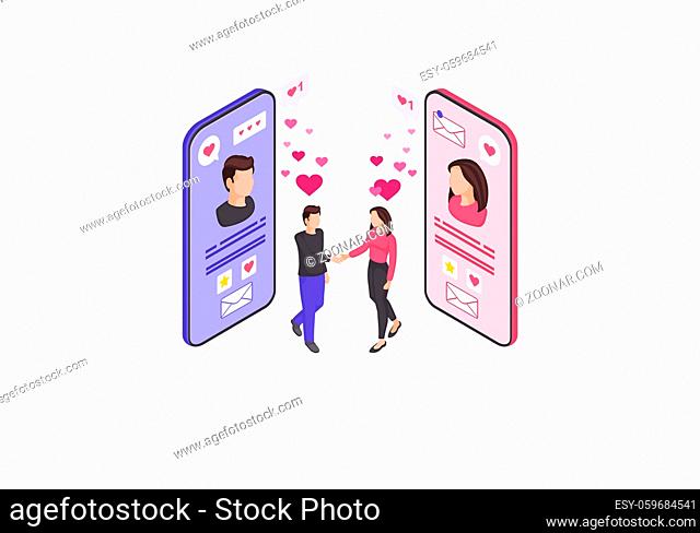 Online dating isometric color vector illustration. Real world couple in love. Social network profile website infographic