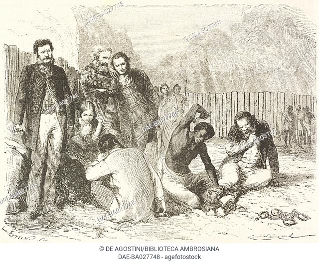 A Blanc, Hormuzd Rassam and Prideaux being put in leg irons, Magdala (Amba Mariam), Ethiopia, drawing by Emile Bayard (1837-1891) from a photograph