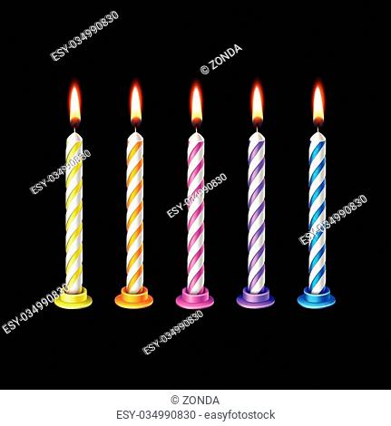 Birthday Candles Flame Fire Light Isolated on Background. Realistic Vector Illustration Multicolored Pink Orange Purple Blue Red Green