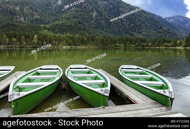 Empty rowing boats at Hintersee, Ramsau bei Berchtesgaden, Bavaria, Germany, Europe