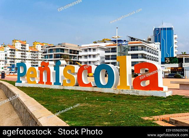 A view of the town sign and beach of Peniscola on the Costa del Azahar in Spain