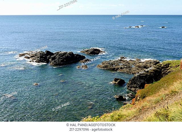 Vellan Drang rocks at Lizard point, Cornwall, landscape of coastline with cliffs and rocks of touristic location in Cornwall