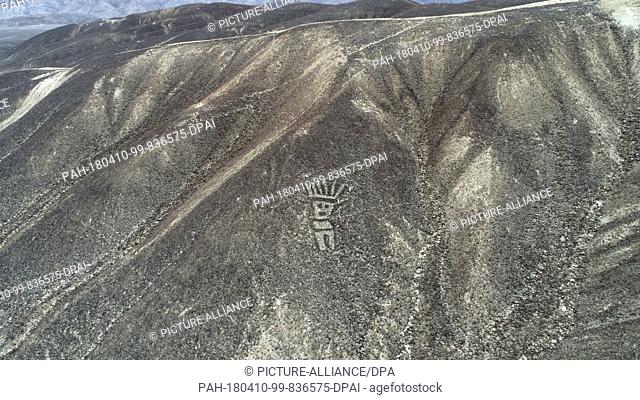 09 April 2018, Peru, Palpa: Aerial view of the geometrical figures and lines as well as animal and plant depictions. The newly discovered geoglyphs are located...